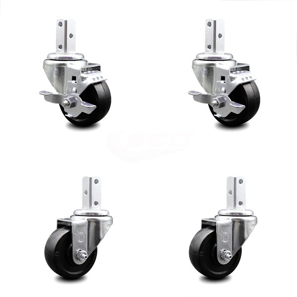 3 Inch Soft Rubber Wheel Swivel 3/4 Inch Square Stem Caster Brakes SCC, 2PK